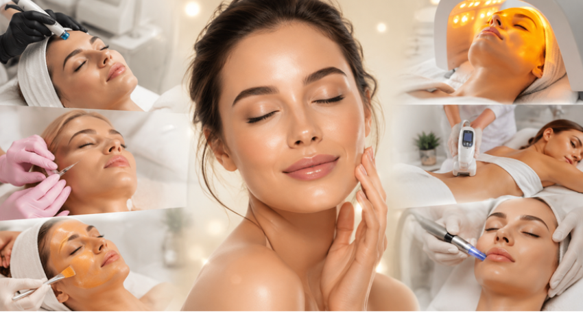 Med spa treatments for glowing skin, including Hydrafacial, facial rejuvenation, and microneedling